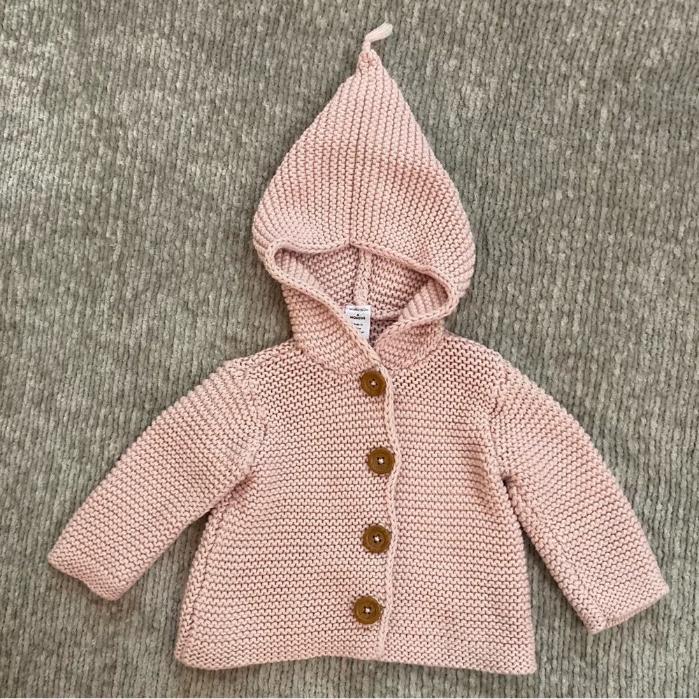 Nordstrom Organic Cotton Knit Baby Cardigan Hoodie Pink 6M Cozy Cottagecore